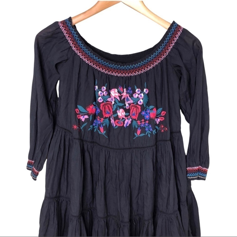 Free People Sunbeams Dress Embroidered Off The Shoulder Mini Black Size Small - Picture 4 of 8